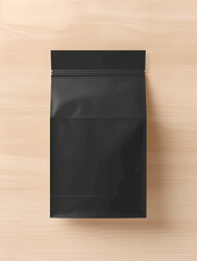 Black coffee bag package on wooden table 3d rendering