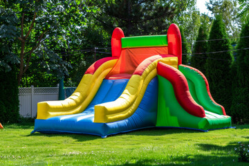 Vibrant inflatable bounce house in a sunny suburban backyard.