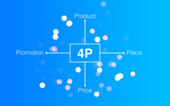 Four Ps of Marketing, Product, Place, Price, Promotion, marketing mix, blue gradient and light effects behind, advertisement, ad, business, growth, success, business concept