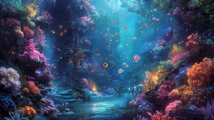 Poster fantastical underwater world inhabited by colorful coral reefs, exotic sea creatures, and ancient shipwrecks. © Exnoi