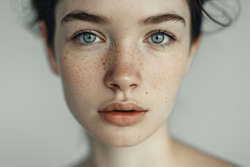 Striking portrait of a young person with freckles and blue eyes.