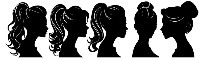 Set of four vector woman head with different hairstyles silhouettes - fashion and beauty illustration