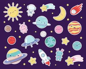 Set of cute cosmic stickers with planets, moon, sun, stars, asteroid, space ship, rocket, alien ship, aliens, astronaut. Editable stroke vector illustration set. Kawaii childish space elements.