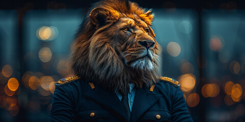 Elegant Lion Commander Staring into Distance on Bokeh Lights Background Banner - obrazy, fototapety, plakaty