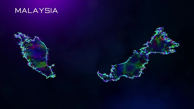 Futuristic Motion Reveal Malaysia Map Polygonal Blue Purple Colorful Connected Lines And Dots Network Wireframe With Text On Hazy Flare Bokeh Background, Last 10 Seconds Seamless Loop