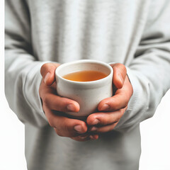 Person holding a cup of tea isolated on white background, minimalism, png
