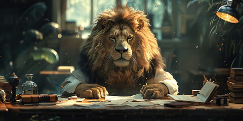 Regal Lion Dons Elegant Attire for Scholarly Pursuits - Inspirational Banner