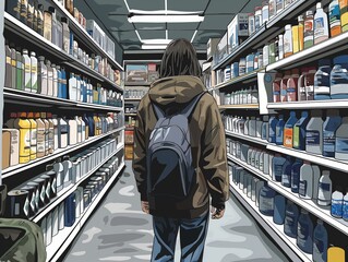 A man walks through a grocery store aisle with a backpack on. The store is filled with a variety of products, including bottles and boxes. Concept of everyday life