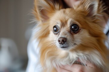 Close up Portrait of a Cute Long Haired Chihuahua Dog with Big Eyes Being Held Gently by Owner
