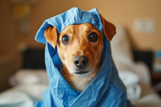Amusing Portrait of a Small Dog Wrapped in a Blue Towel Looking at Camera with Big Eyes Indoors