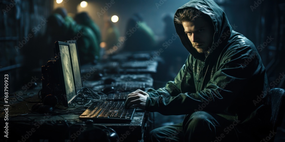 Poster hacker on laptop computer generative ai