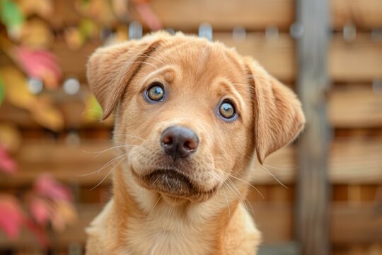 Adorable Labrador Puppy with Captivating Blue Eyes Posing Outdoors, Expressive Young Dog Portrait