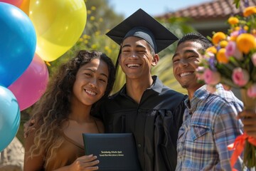 Naklejka premium Radiant smiles shine at a graduation ceremony, with a young Latino graduate flanked by delighted siblings, surrounded by colorful balloons