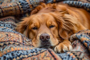Relaxed Golden Retriever Dog Enjoying Cozy Nap on a Patterned Blanket