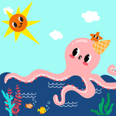 Summer banner template cute cartoon in the bright sun, octopus and starfish in the sea with fish. Vector illustration.