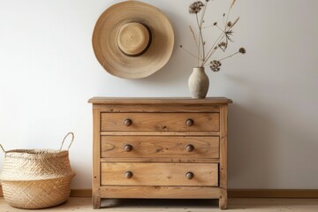 Rustic wooden chest of drawers with artisanal pottery and dried flowers in a tranquil corner with soft natural light