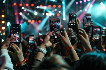 Captivated audience with smartphones in hand, capturing the glowing stage lights at a vibrant live concert.