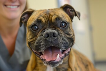 Smiling Brindle Boxer Dog with Happy Expression Posing with Female Owner