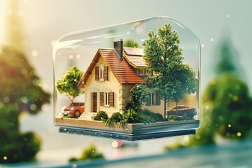 A house nestles within a transparent dome, symbolizing security, amidst a dreamlike backdrop - obrazy, fototapety, plakaty