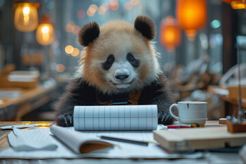 Adorable Red Panda Engrossed in Office Work Amidst Cozy Lights Banner