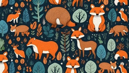 Seamless pattern with cute foxes with autumn leaves. Hand-drawn childish background with wild...