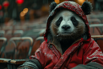 Enigmatic Red Panda in Snowy Urban Wonderland: A Winter Banner Tale