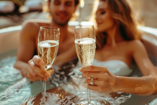 Sweet couple toasting with their champagne glasses. Generative Ai