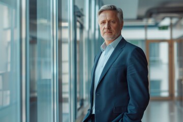Fototapeta premium An experienced senior male executive exudes confidence and wisdom, standing in a sleek, modern corporate environment with a thoughtful, assured stance