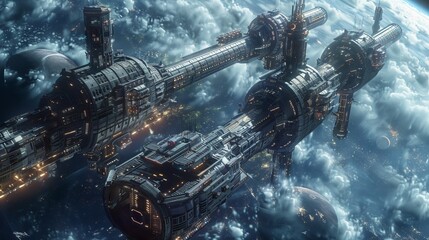 Fototapeta premium futuristic space station orbiting a distant planet.