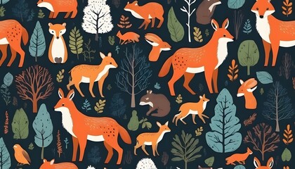 Seamless pattern with cute foxes with autumn leaves. Hand-drawn childish background with wild...