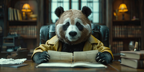 Scholarly Panda Delving into Ancient Texts in Cozy Library Banner