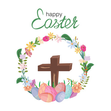 Easter cross decorated with floral wreath and Easter eggs