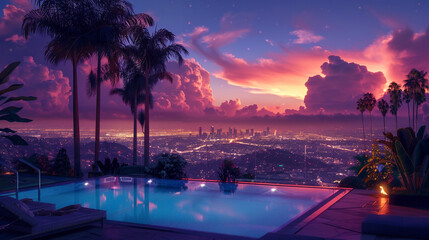 Swimming pool with view of the city of Los Angeles at night