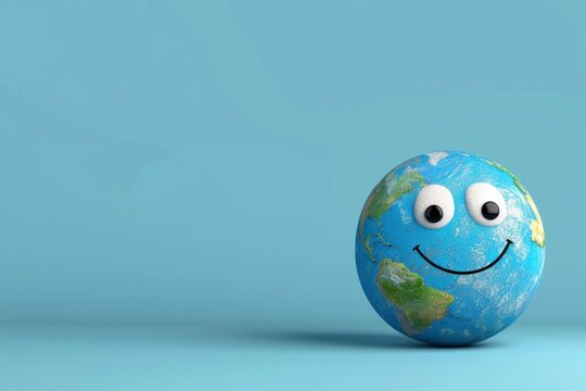 A realistic representation of Earth with a whimsical smile, set against a soothing blue background - Powered by Adobe