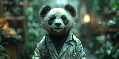 Intrepid Panda Doctor in Lush Green Ambiance Inspires Whimsy and Adventure Banner