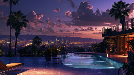 Swimming pool with view of the city of Los Angeles at night