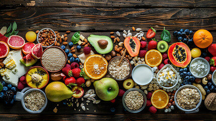 Assorted Healthy Breakfast Ingredients Arranged on a Wooden Table - obrazy, fototapety, plakaty