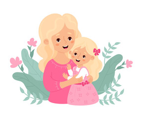 Cute woman blonde with baby daughter. Vector illustration. Happy holiday female character for birthday, Women's Day, Mother's Day design
