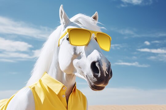 a horse wearing yellow sunglasses