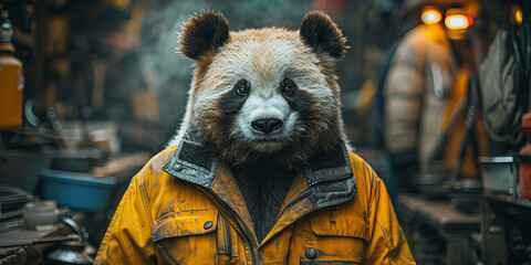 Intrepid Panda Mechanic in Yellow Jacket at Work: Inspirational Banner