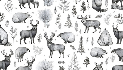 Autumn forest seamless pattern with cute animals. seamless colorful pattern with hand-drawn wild...