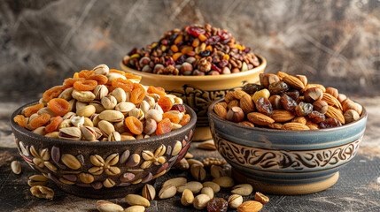 Assorted Nuts and Dried Fruits in Decorative Bowls