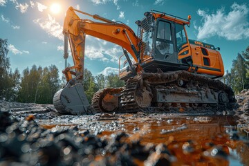 A yellow excavator or backhoe is digging soil and working on the construction site. Heavy-duty construction equipment in the workplace. - obrazy, fototapety, plakaty