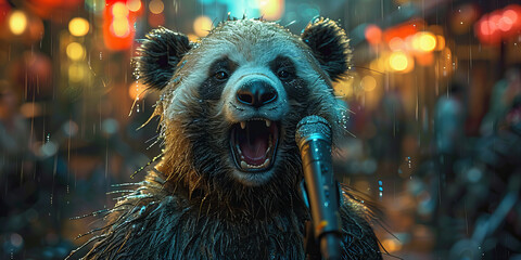 Rock n Roar: The Ultimate Singing Bear Performance Banner in the Rain - obrazy, fototapety, plakaty