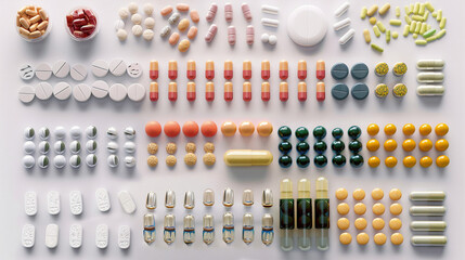 Assorted Well-Organized Vitamin Supplements and Pills on White Background - obrazy, fototapety, plakaty
