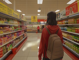 A woman wearing a red hoodie and backpack walks through a grocery store aisle. The store is brightly lit and filled with a variety of products, including a large selection of beverages