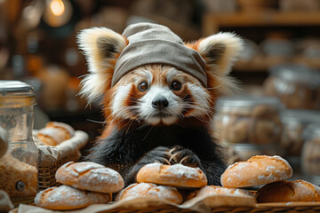 Adorable Red Panda in Chefs Hat with Fresh Baked Goods Banner