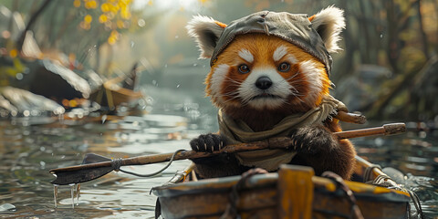 Adventurous Red Panda Navigating Autumn River in Fantasy World Banner