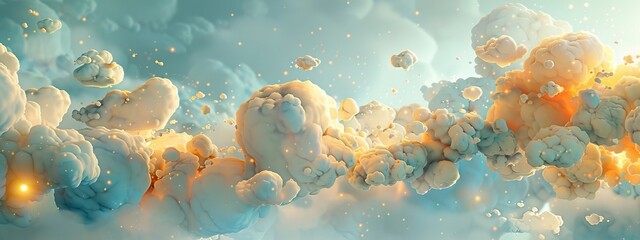 serene split background featuring soft blue and pale yellow tones, accented by whimsical cloud-shaped light elements.