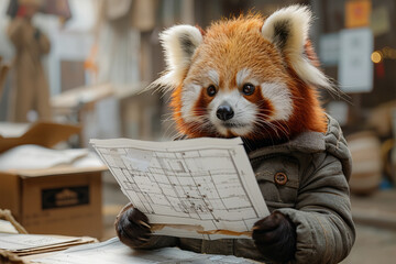 Focused Red Panda Architect Reviews Blueprints Intently: Construction Banner